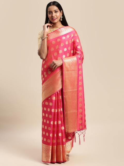 

Mitera Pink & Gold-Toned Art Silk Woven Design Banarasi Saree