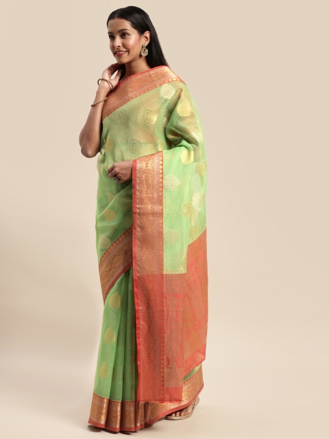 

Mitera Green & Red Silk Blend Woven Design Saree