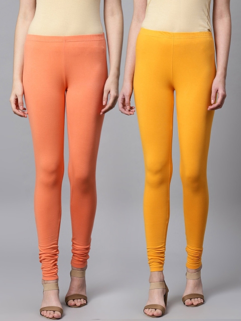 

Kifahari Women Pack of 2 Solid Churidar-Length Leggings, Coral