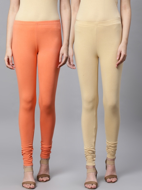 

Kifahari Women Pack of 2 Solid Churidar-Length Leggings, Coral