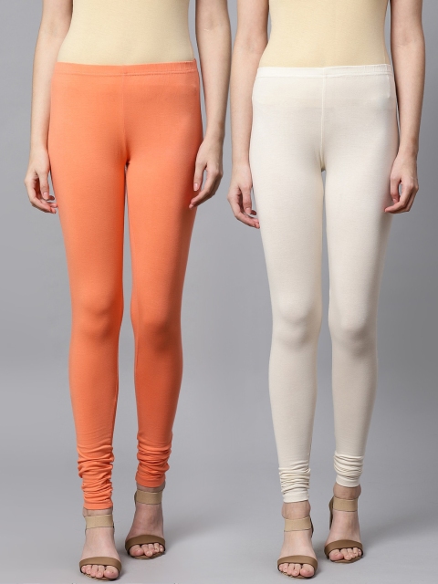 

Kifahari Women Pack of 2 Solid Churidar-Length Leggings, Coral