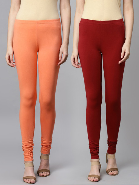 

Kifahari Women Pack of 2 Solid Churidar-Length Leggings, Coral