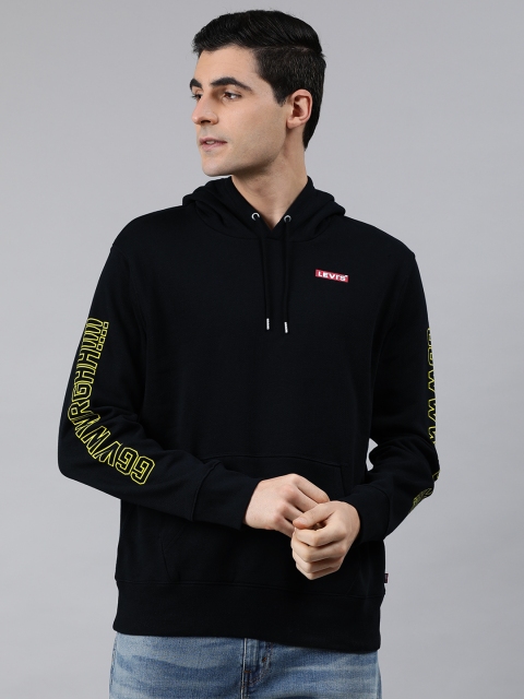 

Levis Men Black Solid Hooded Sweatshirt with Printed Sleeve