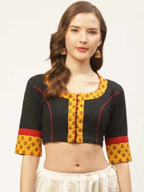 

tantkatha Women Black & Yellow Printed Detail Saree Blouse