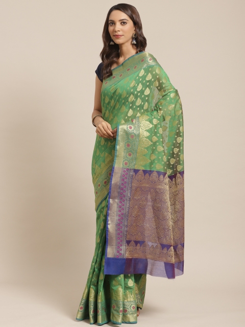 

swatika Green & Golden Handloom Zari Woven Design Chanderi Saree