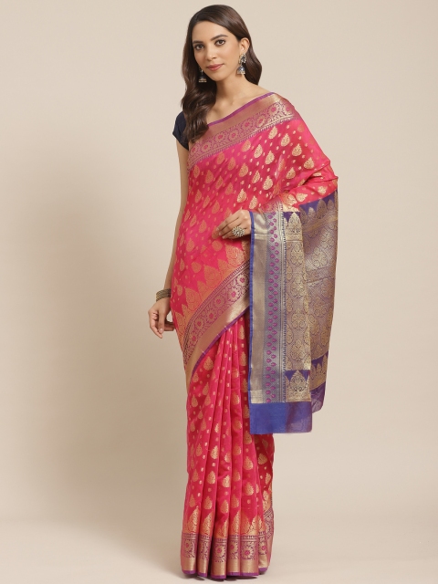 

swatika Pink & Golden Handloom Zari Woven Design Chanderi Saree