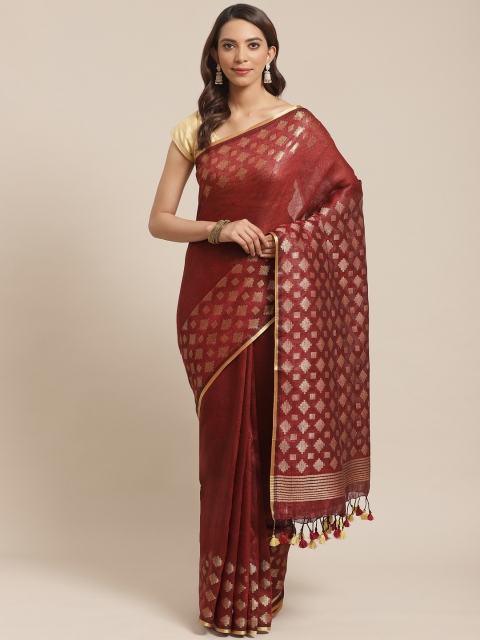 

swatika Maroon & Golden Pure Linen Zari Woven Design Handloom Bhagalpuri Saree