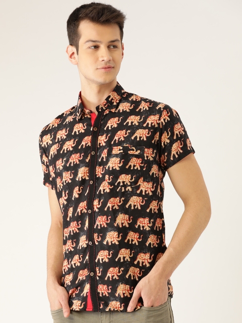 

Tistabene Men Black & Peach-Coloured Slim Fit Printed Casual Shirt