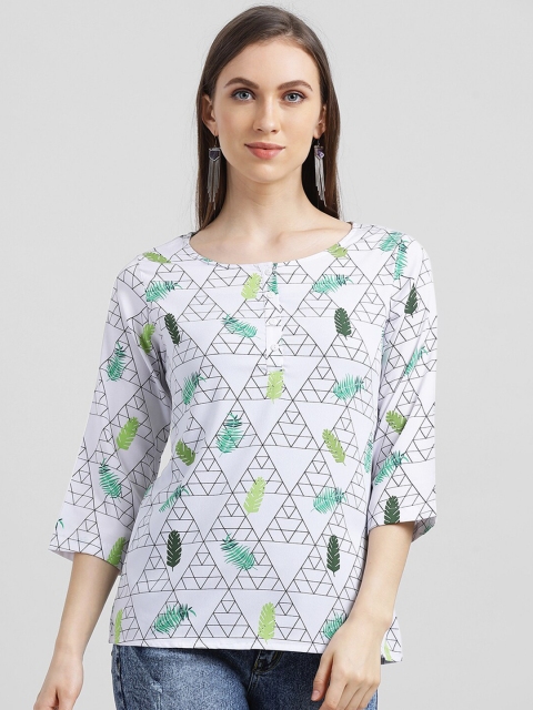 

Zink London Women White & Green Printed Top