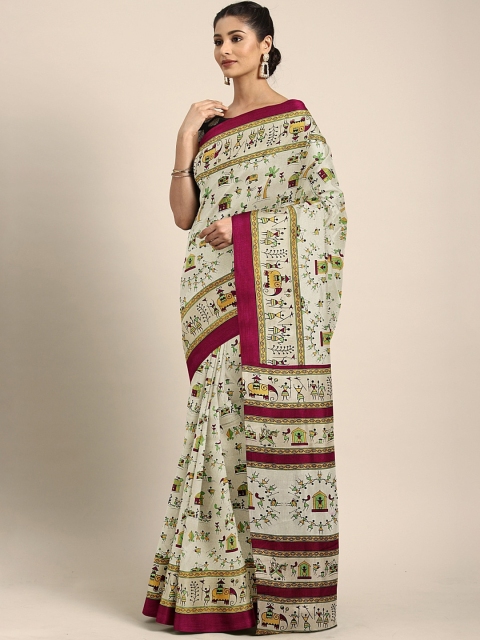 

KALINI Off-White & Maroon Silk Blend Printed Pochampally Saree