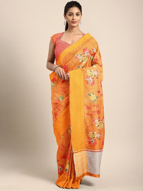 

KALINI Orange & Pink Linen Blend Printed Pochampally Saree