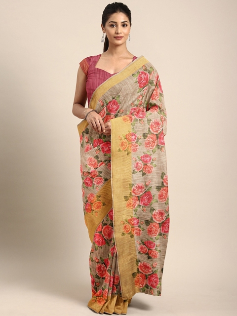 

KALINI Beige & Pink Linen Blend Printed Pochampally Saree