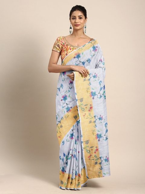 

KALINI Off-White & Blue Linen Blend Printed Pochampally Saree