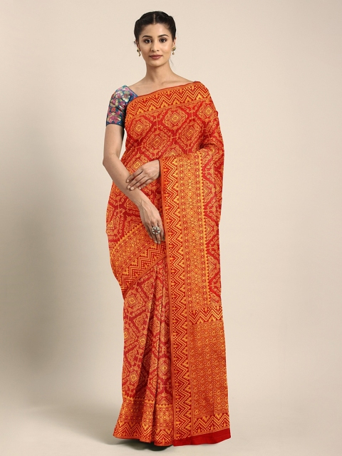 

KALINI Red & Mustard Yellow Silk Blend Woven Design Kanjeevaram Saree