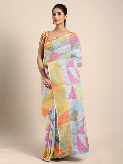 

KALINI Blue & Pink Linen Blend Digital Printed Pochampally Celebrity Saree