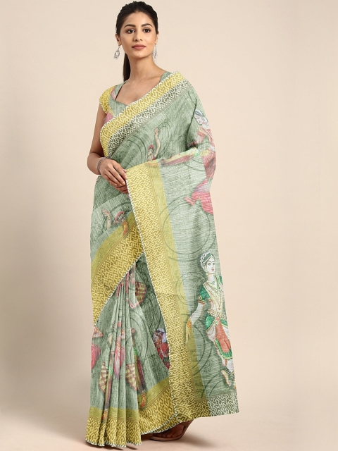

KALINI Green & Yellow Linen Blend Printed Pochampally Saree