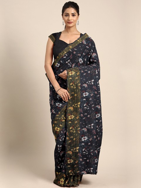 

KALINI Navy Blue & Off-White Linen Blend Printed Pochampally Saree