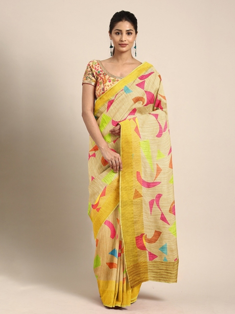 

KALINI Yellow & Pink Linen Blend Printed Pochampally Saree