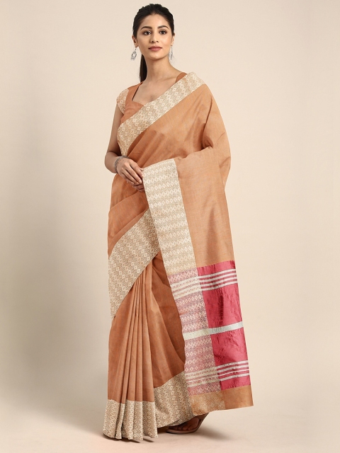 

KALINI Peach-Coloured Cotton Blend Solid Dharmavaram Saree