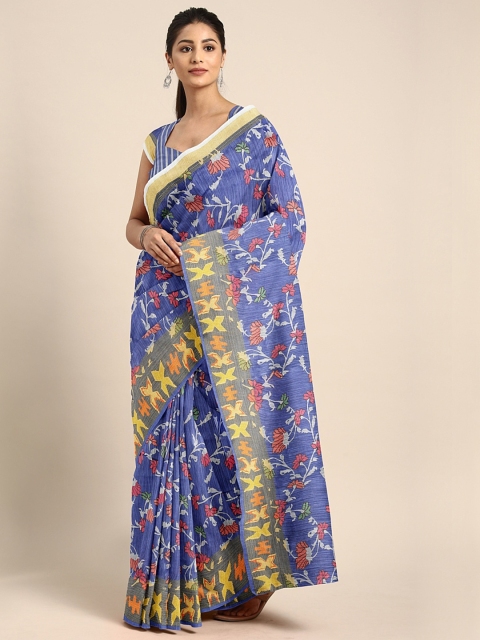 

KALINI Navy Blue & Pink Linen Blend Digital Floral Printed Pochampally Celebrity Saree