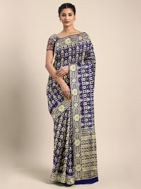 

KALINI Navy Blue & Gold-Toned Silk Blend Woven Design Kanjeevaram Saree