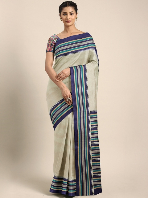 

KALINI Grey & Navy Blue Silk Blend Solid Saree