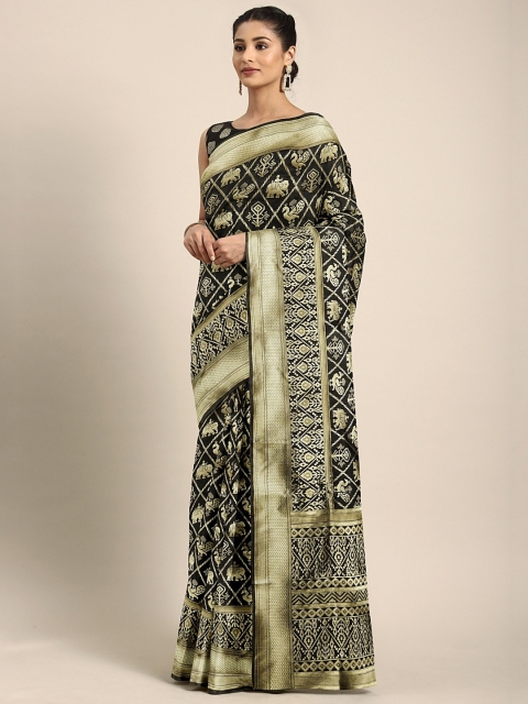 

KALINI Black & Gold-Toned Silk Blend Woven Design Kanjeevaram Saree