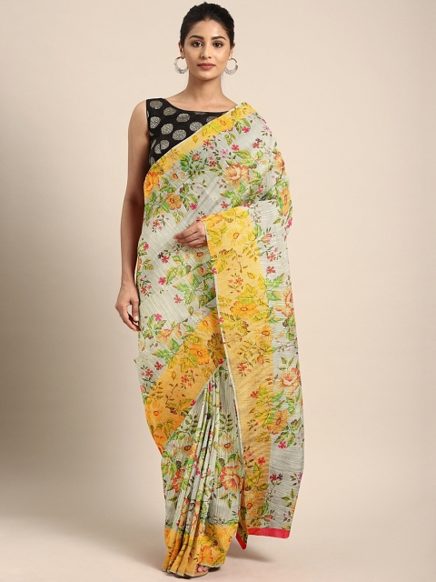 

KALINI Yellow & Beige Linen Blend Printed Pochampally Saree