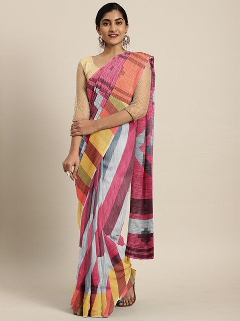 

KALINI Pink & White Linen Blend Printed Pochampally Saree