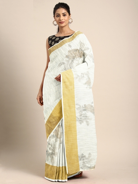 

KALINI White & Mustard Yellow Linen Blend Floral Printed Saree