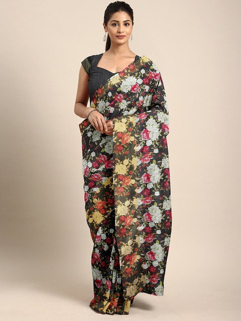 

KALINI Black & Pink Linen Blend Printed Pochampally Saree