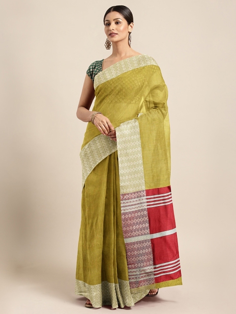 

KALINI Olive Green Cotton Blend Solid Dharmavaram Saree