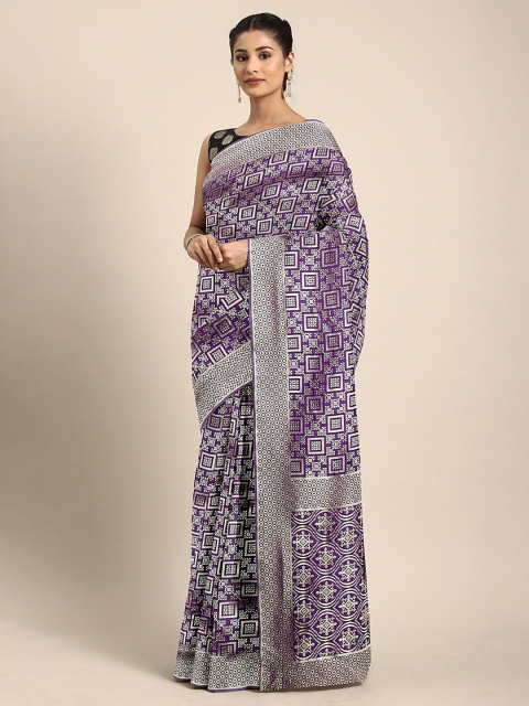 

KALINI Purple & Silver-Toned Silk Blend Woven Design Kanjeevaram Saree