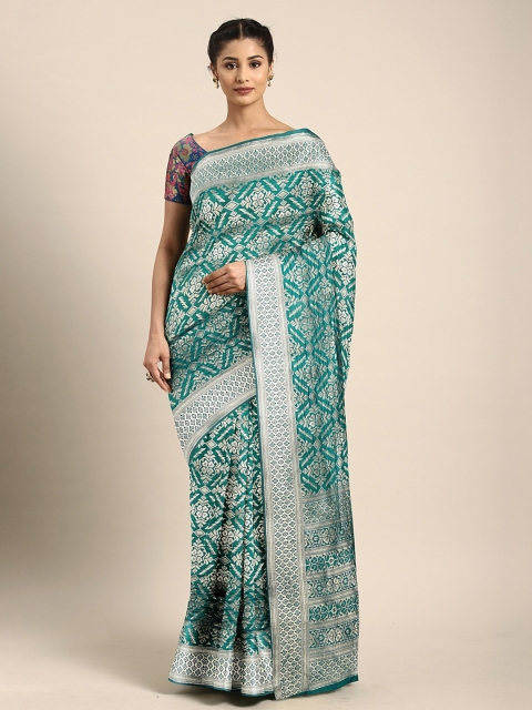 

KALINI Turquoise Blue & Silver-Toned Silk Blend Woven Design Kanjeevaram Saree