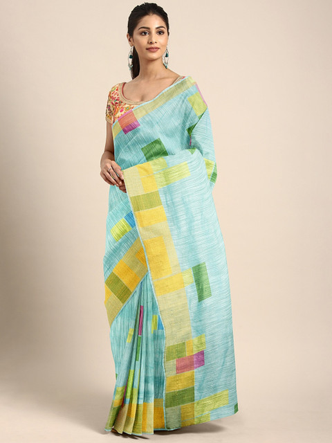 

KALINI Blue & Green Linen Blend Printed Pochampally Saree