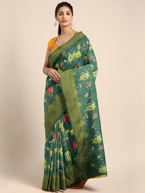 

KALINI Green & Yellow Linen Blend Floral Printed Saree