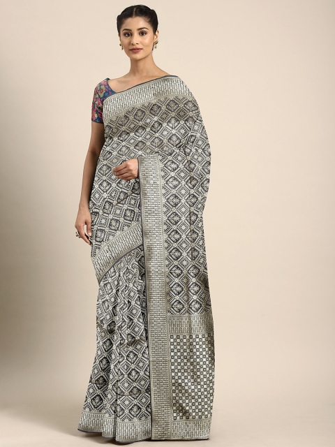 

KALINI Black & Silver-Toned Silk Blend Woven Design Patola Saree