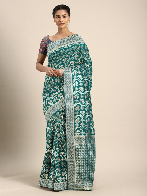 

KALINI Teal Green & Silver-Toned Silk Blend Woven Design Kanjeevaram Saree