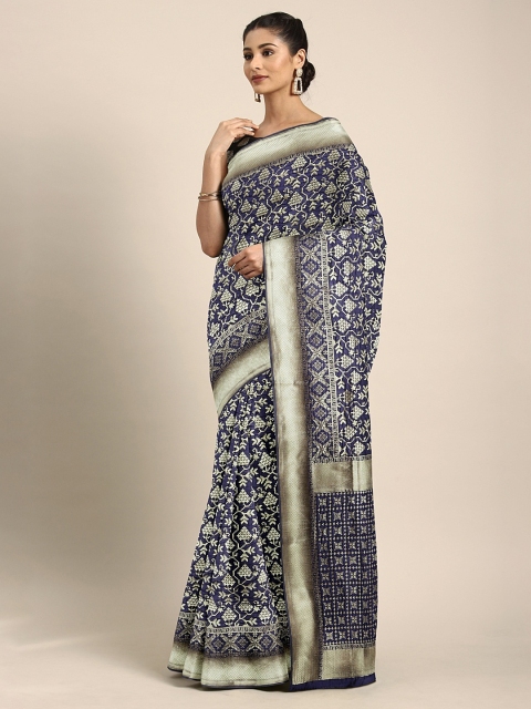 

KALINI Navy Blue & Gold-Toned Silk Blend Woven Design Kanjeevaram Saree