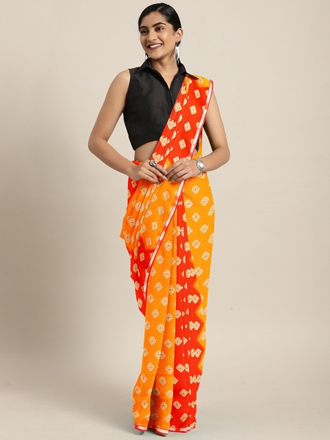 

KALINI Mustard & Orange Poly Chiffon Printed Bandhani Saree