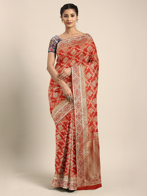 

KALINI Maroon & Gold-Toned Silk Blend Woven Design Kanjeevaram Saree