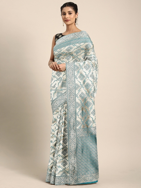 

KALINI Turquoise Blue & Silver-Toned Silk Blend Woven Design Kanjeevaram Saree