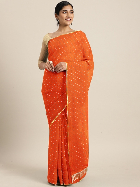 

KALINI Orange & Gold-Toned Poly Chiffon Printed Pochampally Saree