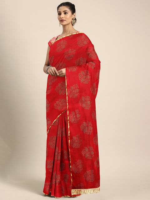 

KALINI Red & Off-White Poly Chiffon Printed Pochampally Saree