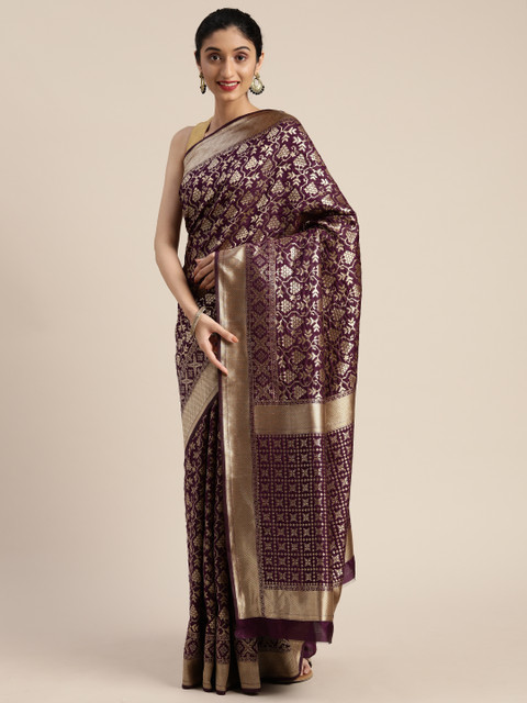 

KALINI Burgundy & Golden Silk Blend Woven Design Kanjeevaram Saree