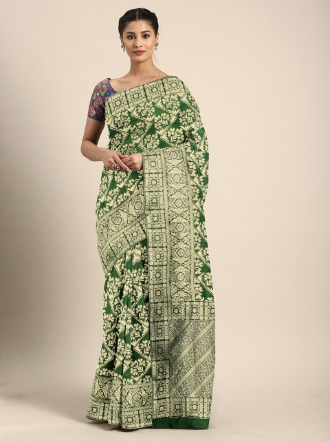 

KALINI Green & Gold-Toned Silk Blend Woven Design Kanjeevaram Saree