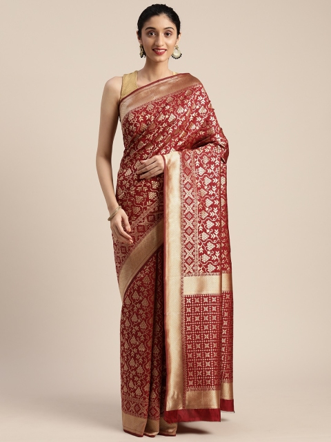 

KALINI Maroon & Gold-Toned Silk Blend Woven Design Kanjeevaram Saree