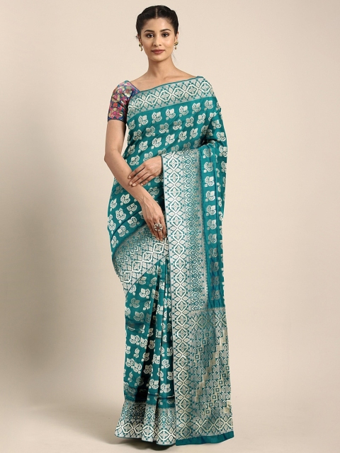 

KALINI Green & Gold-Toned Silk Blend Woven Design Kanjeevaram Saree