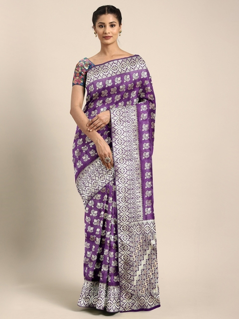 

KALINI Purple & Silver-Toned Silk Blend Woven Design Kanjeevaram Saree