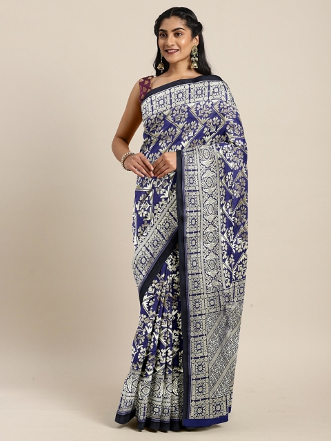 

KALINI Navy Blue & Gold-Toned Silk Blend Woven Design Kanjeevaram Saree